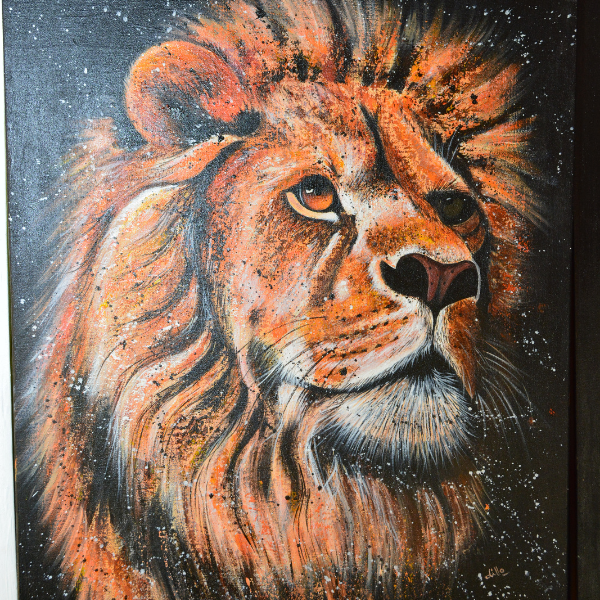 A hand-painted acrylic artwork of a majestic lion with a fiery golden mane, gazing into the distance. The rich textures and deep colors capture the essence of Africa’s wildlife and raw beauty.
